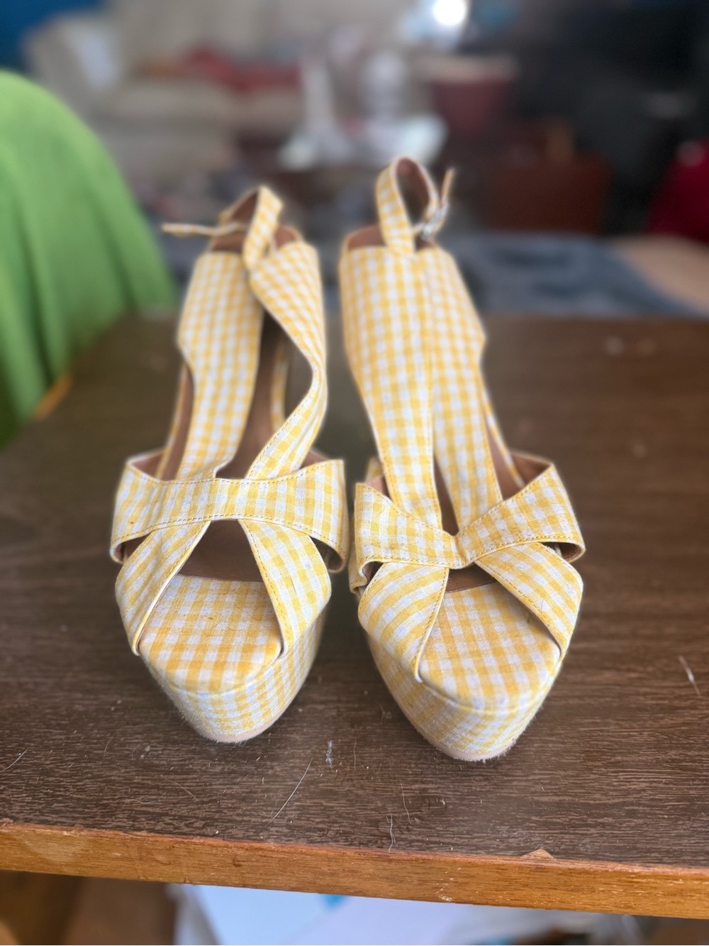 Jeffrey Campbell Yellow Gingham Wedge Sandals